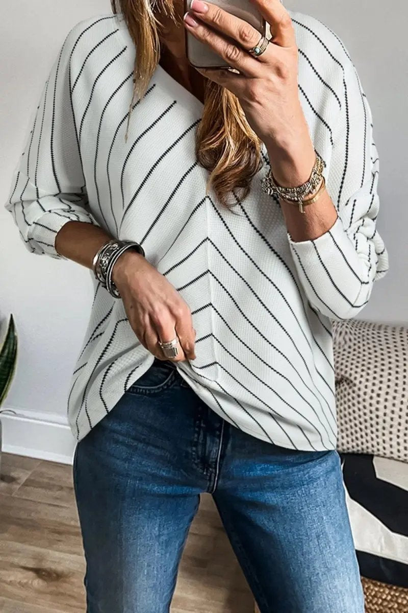 Fashionable Striped V-Neck Long Sleeve Blouse for Women - Love Salve 