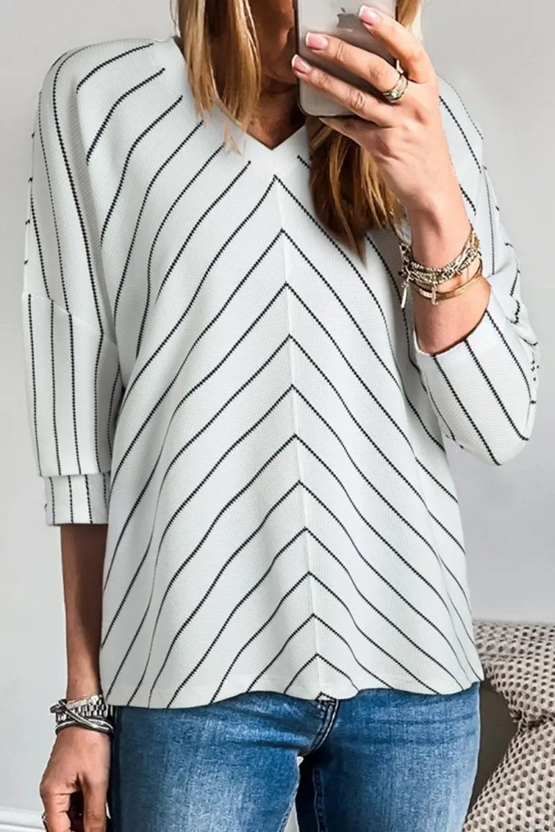 Fashionable Striped V-Neck Long Sleeve Blouse for Women - Love Salve 