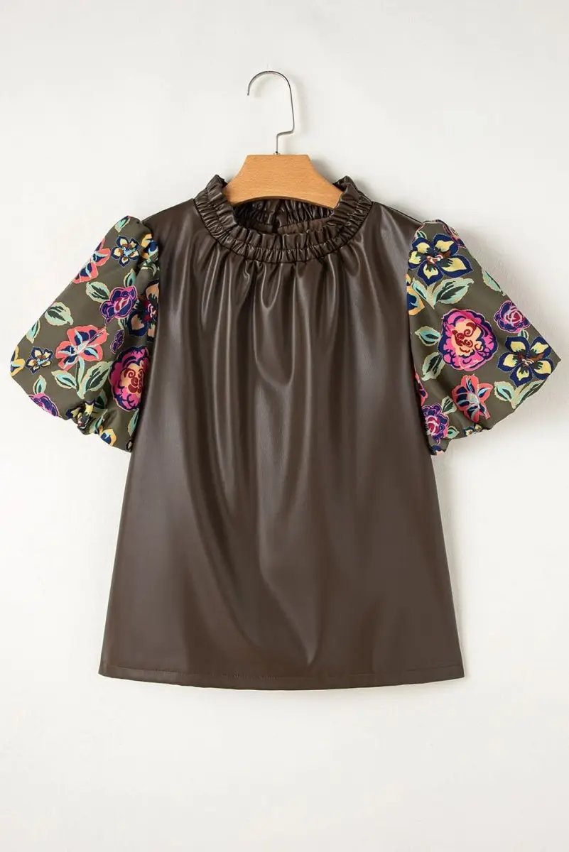 Faux Leather Floral Bubble Sleeve Shift Blouse with Frilled Stand Neck in Four Leaf Clover - Love Salve 