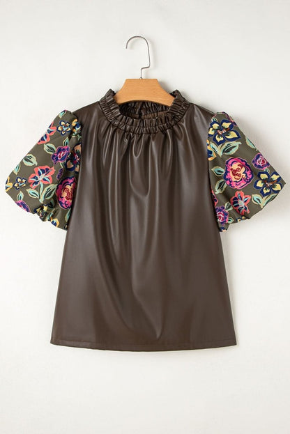 Faux Leather Floral Bubble Sleeve Shift Blouse with Frilled Stand Neck in Four Leaf Clover - Love Salve 