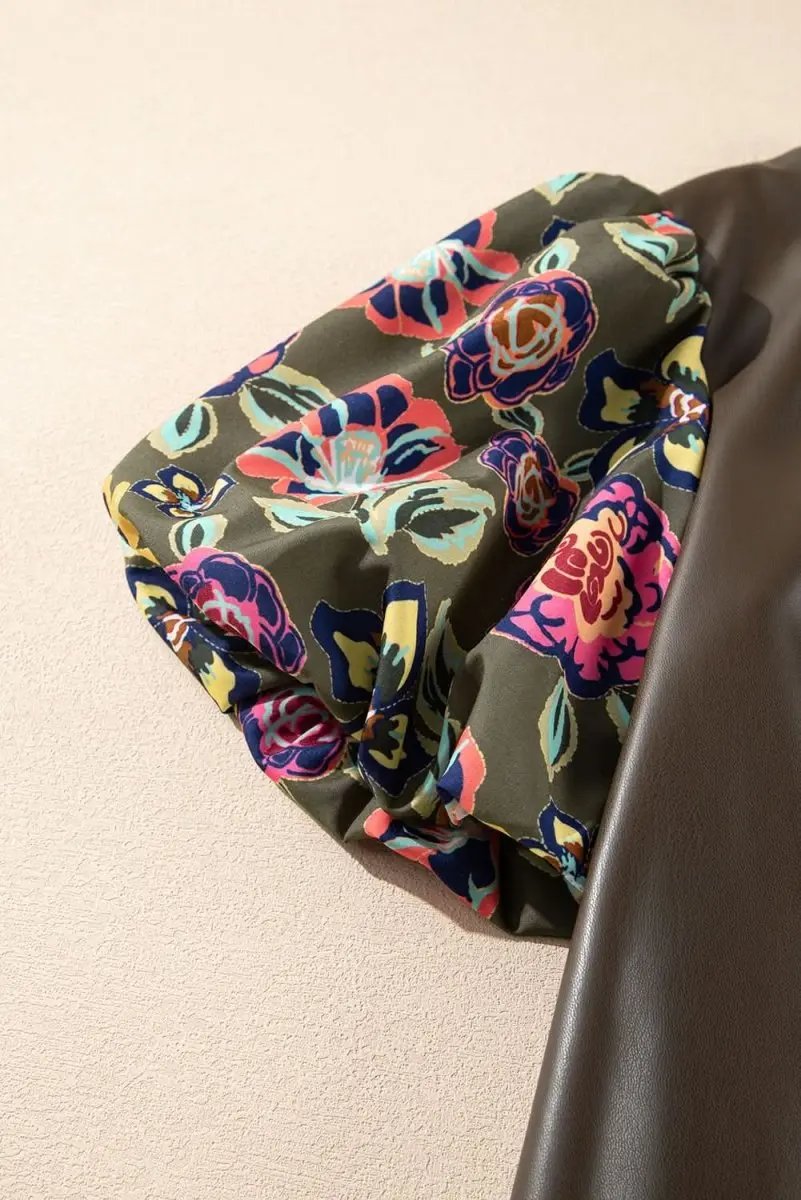 Faux Leather Floral Bubble Sleeve Shift Blouse with Frilled Stand Neck in Four Leaf Clover - Love Salve 