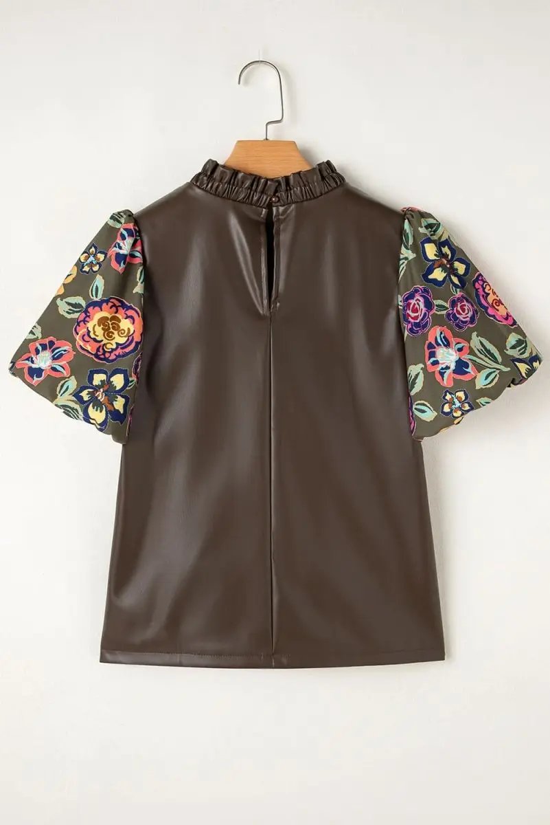 Faux Leather Floral Bubble Sleeve Shift Blouse with Frilled Stand Neck in Four Leaf Clover - Love Salve 