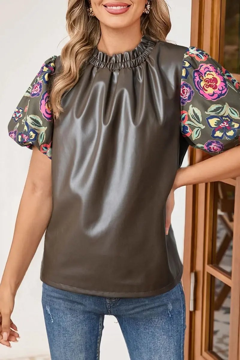 Faux Leather Floral Bubble Sleeve Shift Blouse with Frilled Stand Neck in Four Leaf Clover - Love Salve 