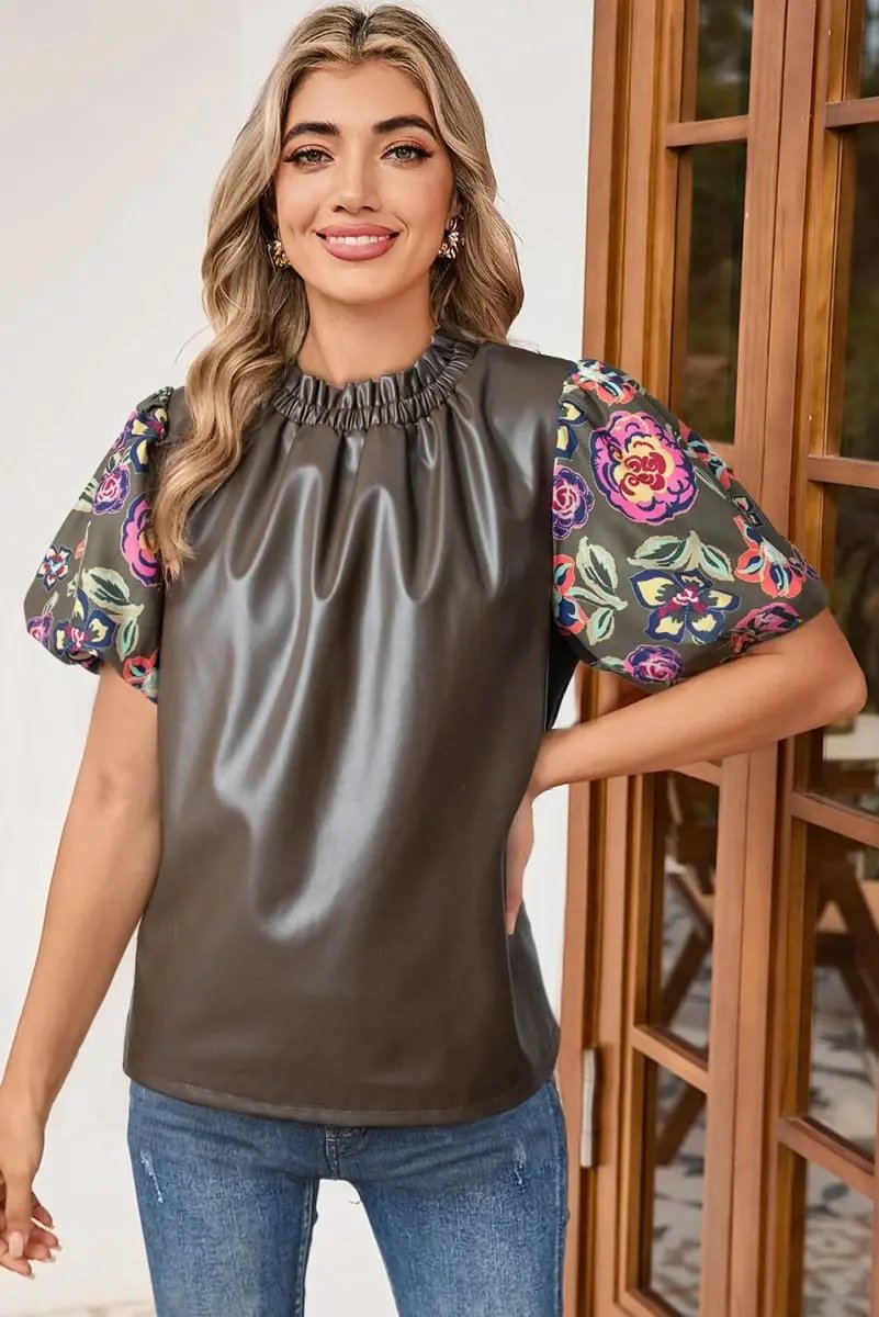 Faux Leather Floral Bubble Sleeve Shift Blouse with Frilled Stand Neck in Four Leaf Clover - Love Salve 