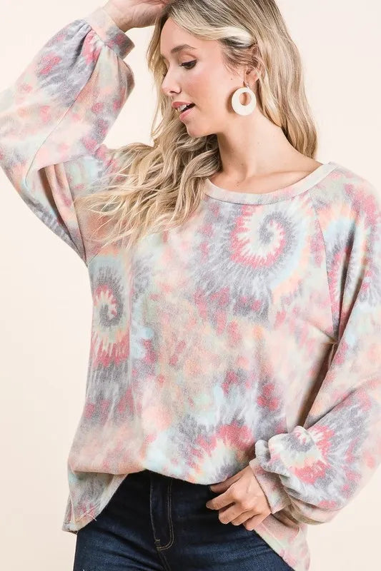 BiBi Brushed Tie Dye Print Top with Puff Sleeves - Love Salve 