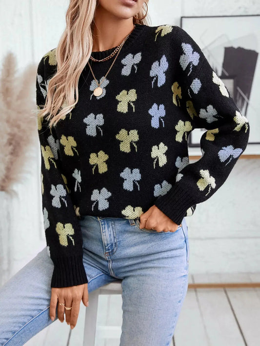 Clover Round Neck Long Sleeve Sweater Simply Love