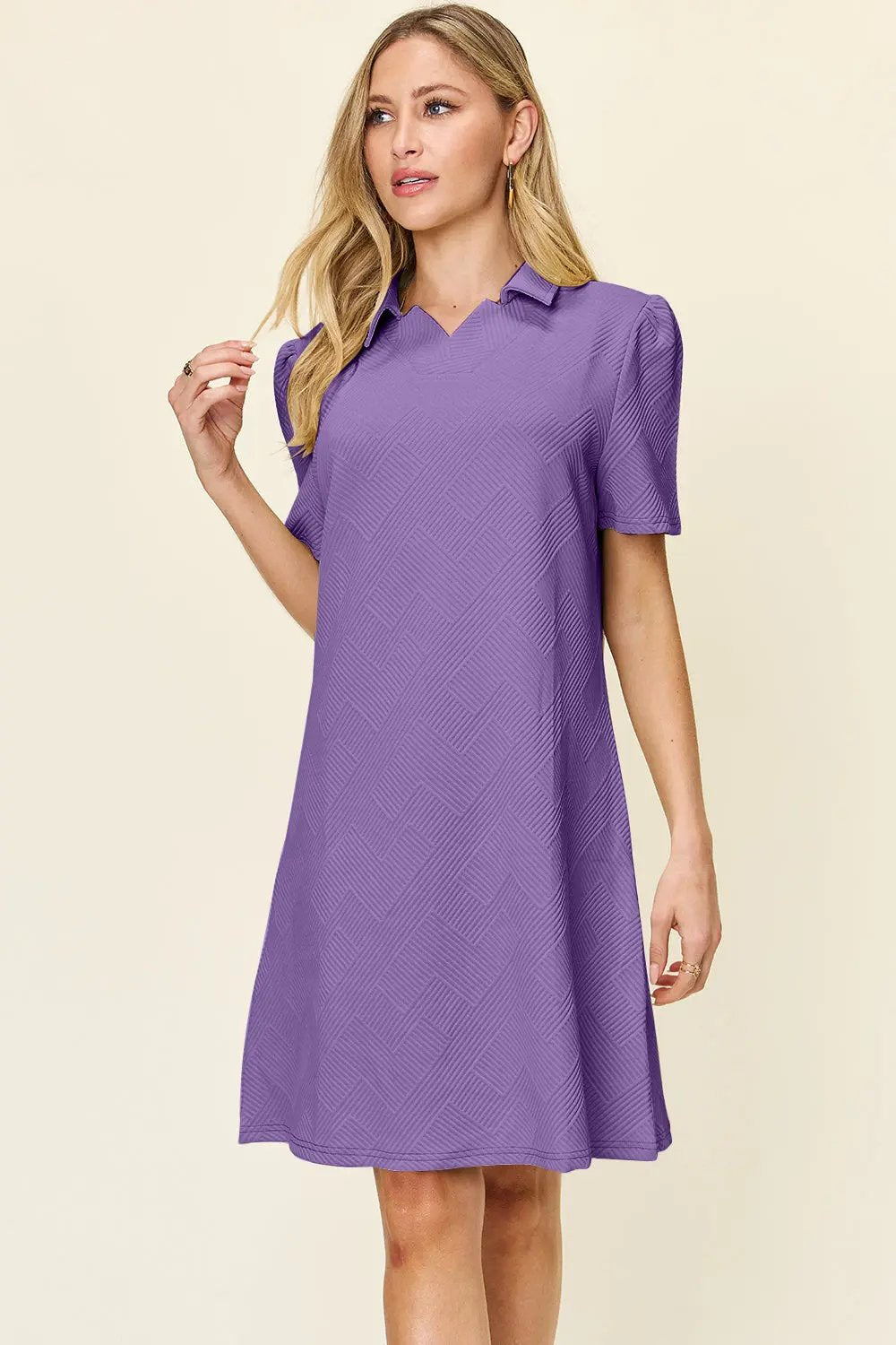 Double Take Full Size Texture Collared Neck Short Sleeve Dress - Love Salve
