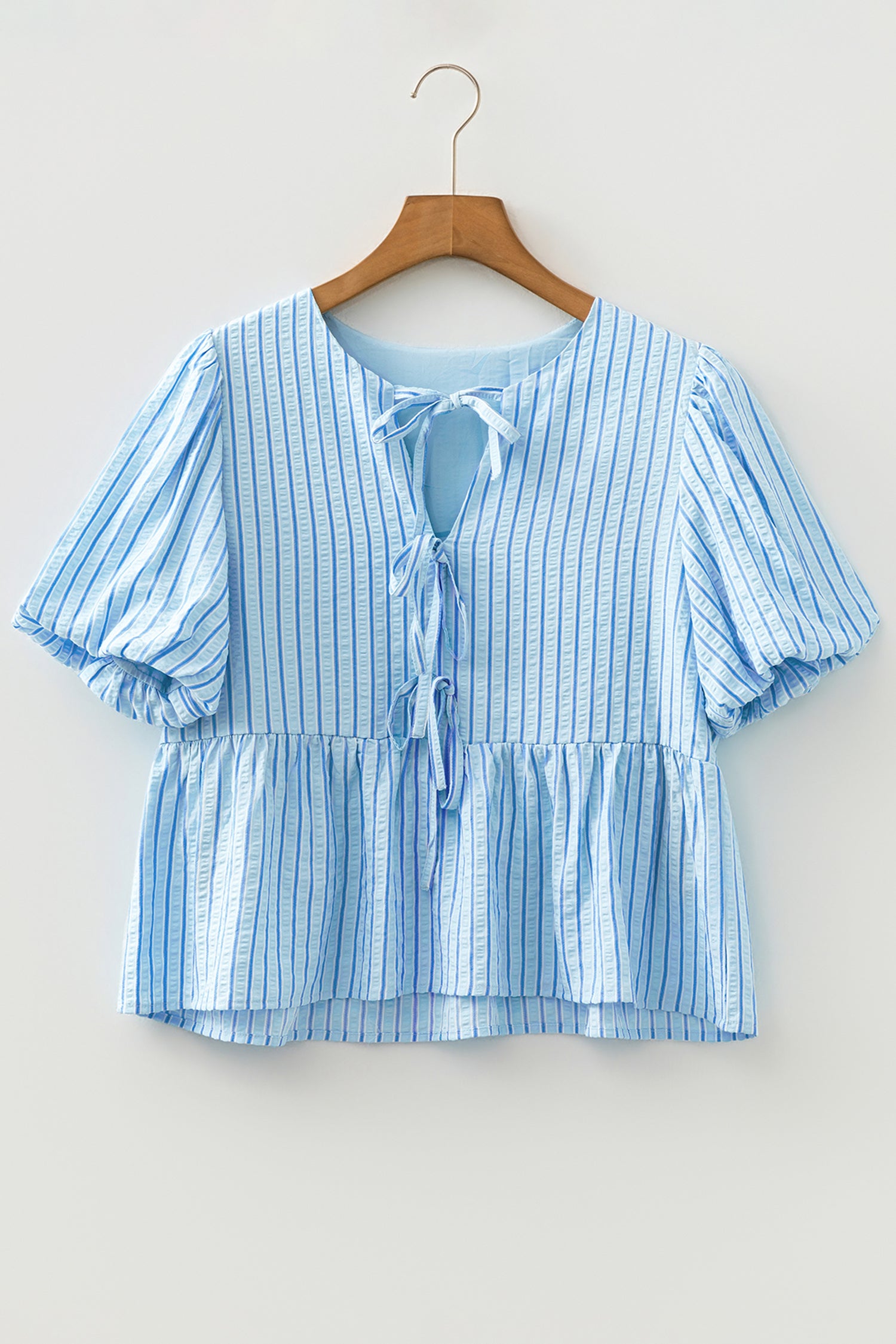 Dear-Lover Dropshipping Tops/Blouses & Shirts Sky Blue Stripe Bow Knot Textured Short Puff Sleeve Babydoll Blouse - Full View