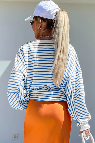 Chic blue striped oversized sweatshirt with drop shoulders