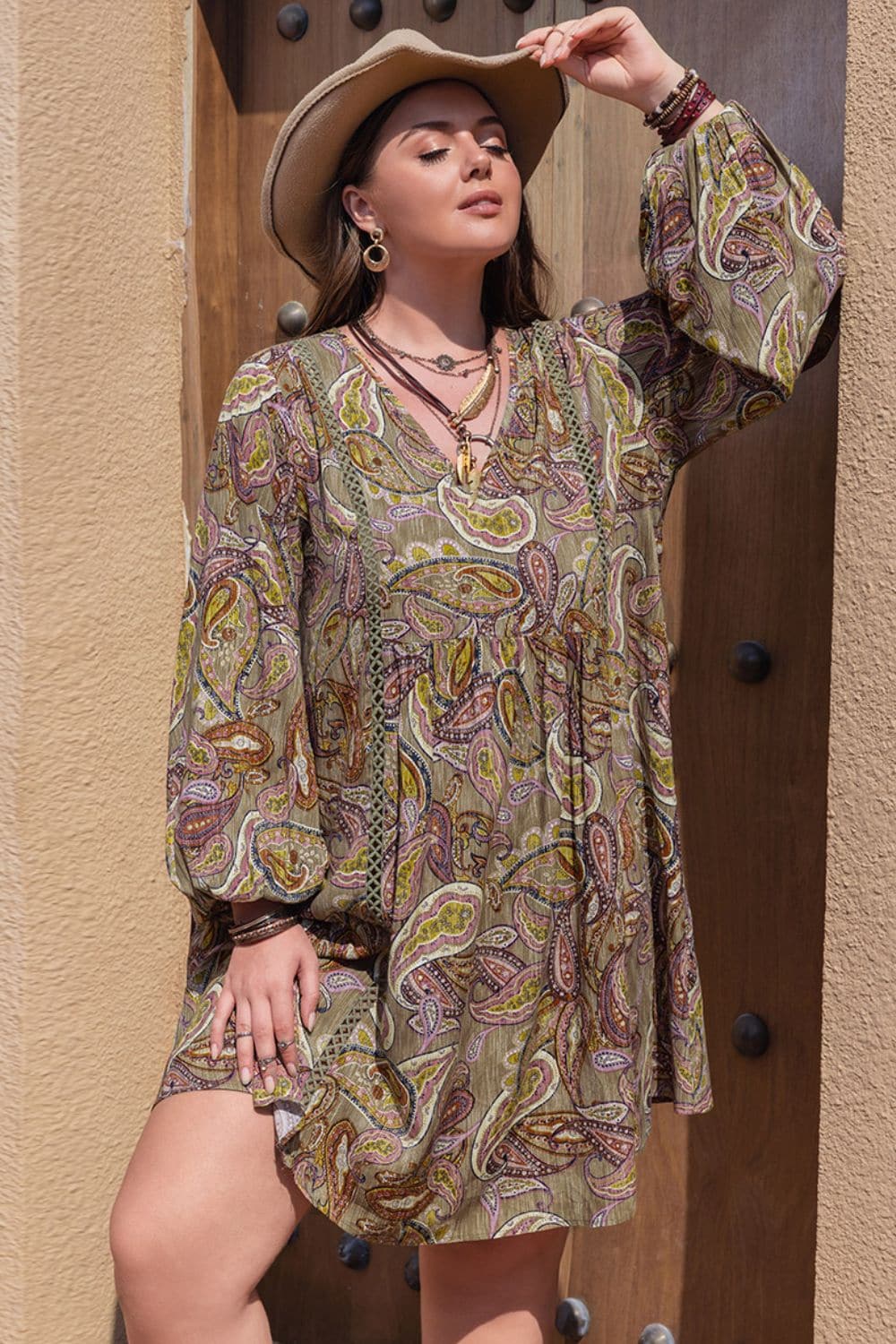 Plus Size Printed V-Neck Long Sleeve Midi Dress.