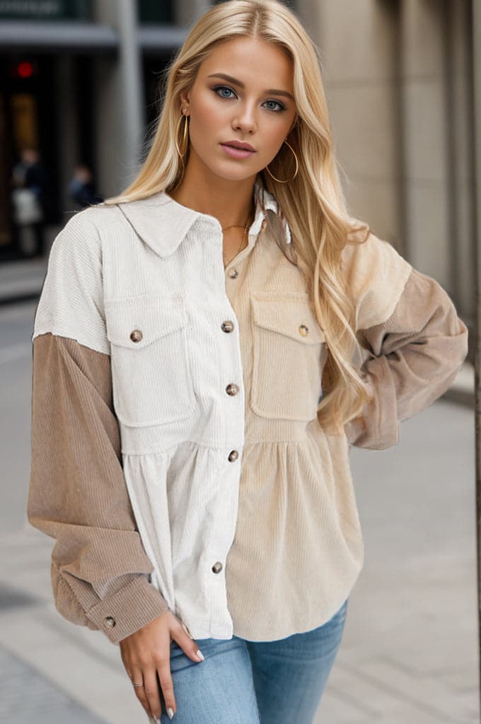 Color Block Collared Neck Button Up Jacket.