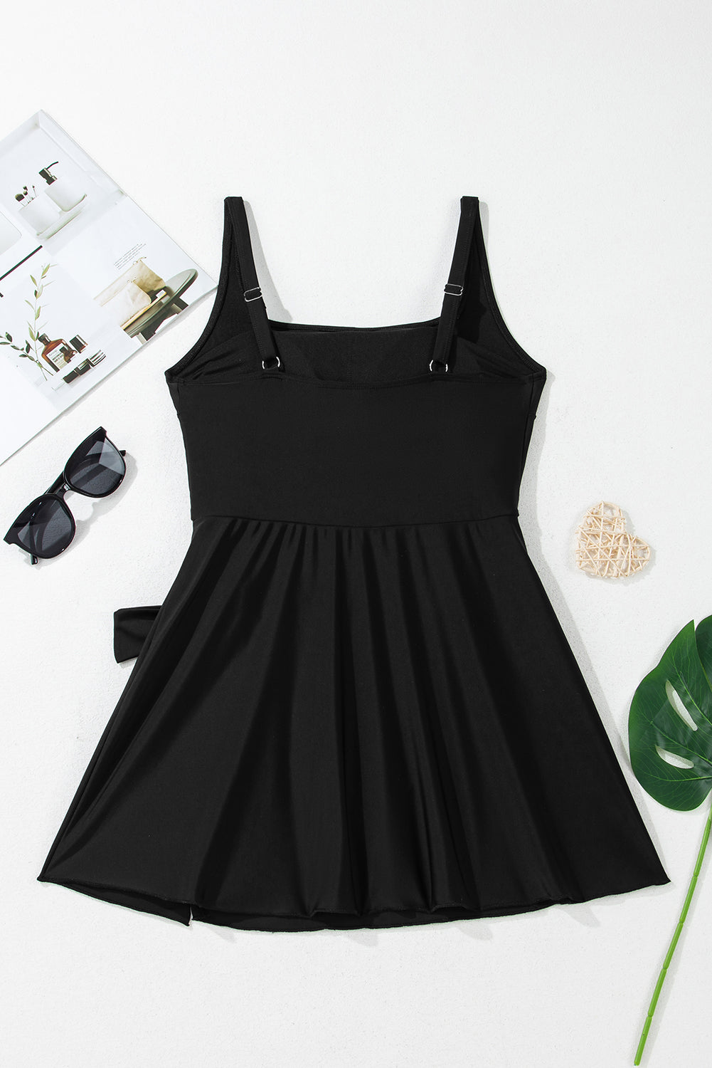 Black Side Tied Waist Square Neck Adjustable Straps Swim Dress