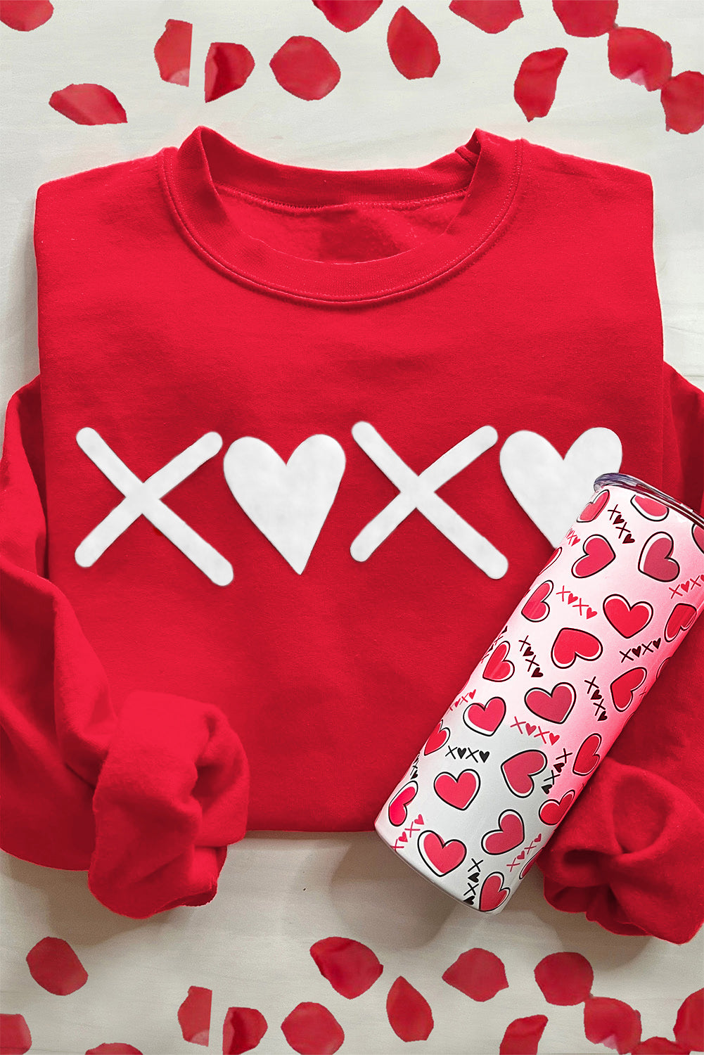 Red Puff XOXO Print Valentines Heart Sweatshirt with XO and heart design.