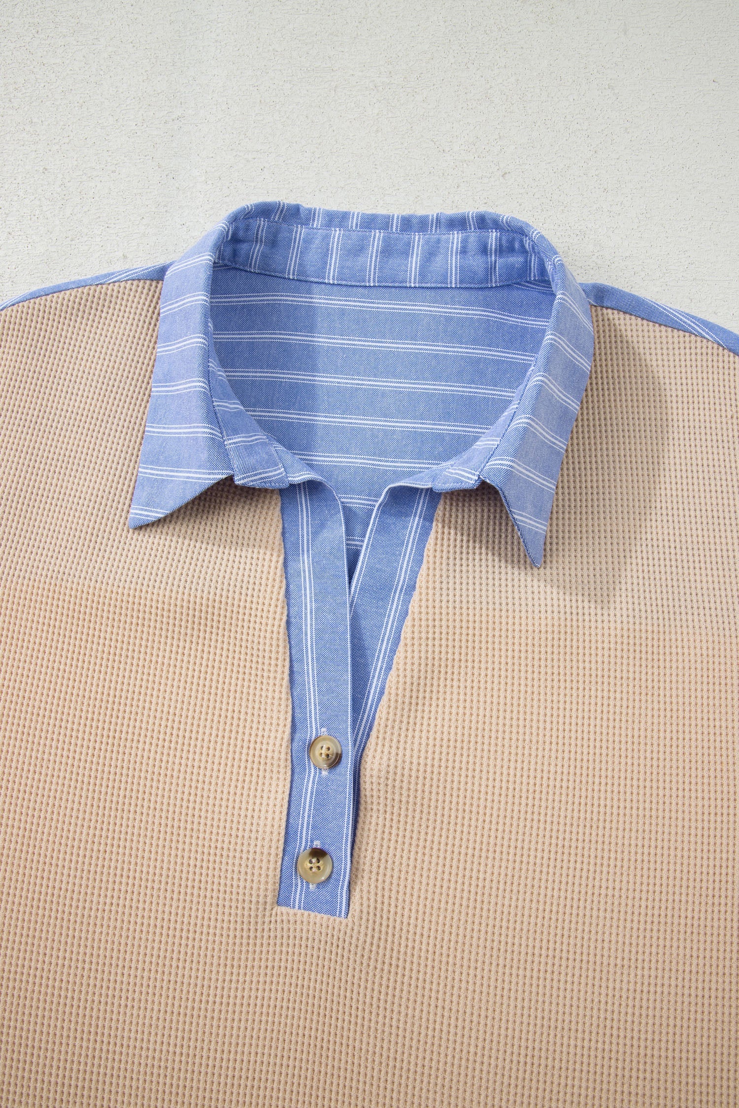 Plus Size Parchment Striped Waffle Knit Collared Top With Contrast Trim Dear-Lover Dropshipping