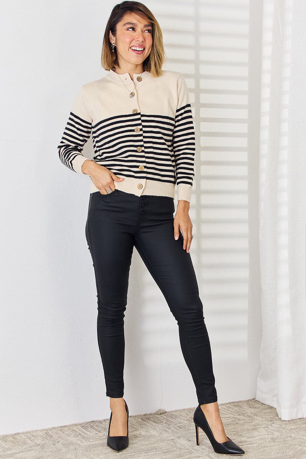 Striped Button Up Long Sleeve Cardigan.