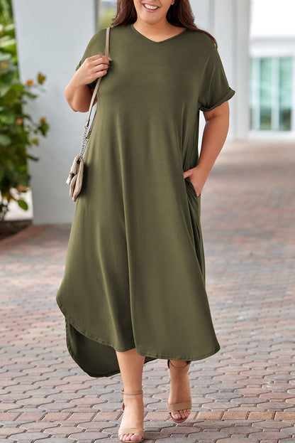 Vibrant Green Plus Size V-Neck Maxi Dress with Rolled Cuffs and Pockets