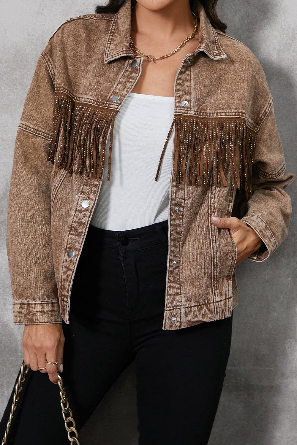 Fringe Trim Snap Down Denim Jacket.