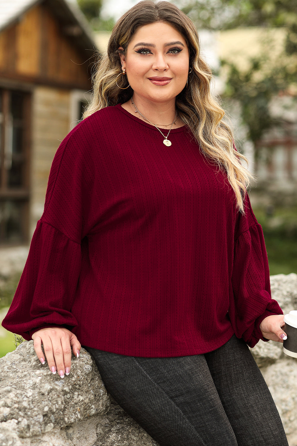 Chic red dahlia plus size textured knit top with playful balloon sleeves