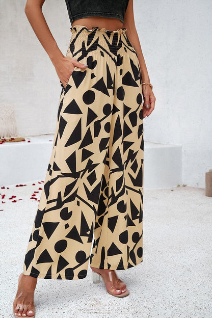 Smocked Printed Wide Leg Pants with Pockets.