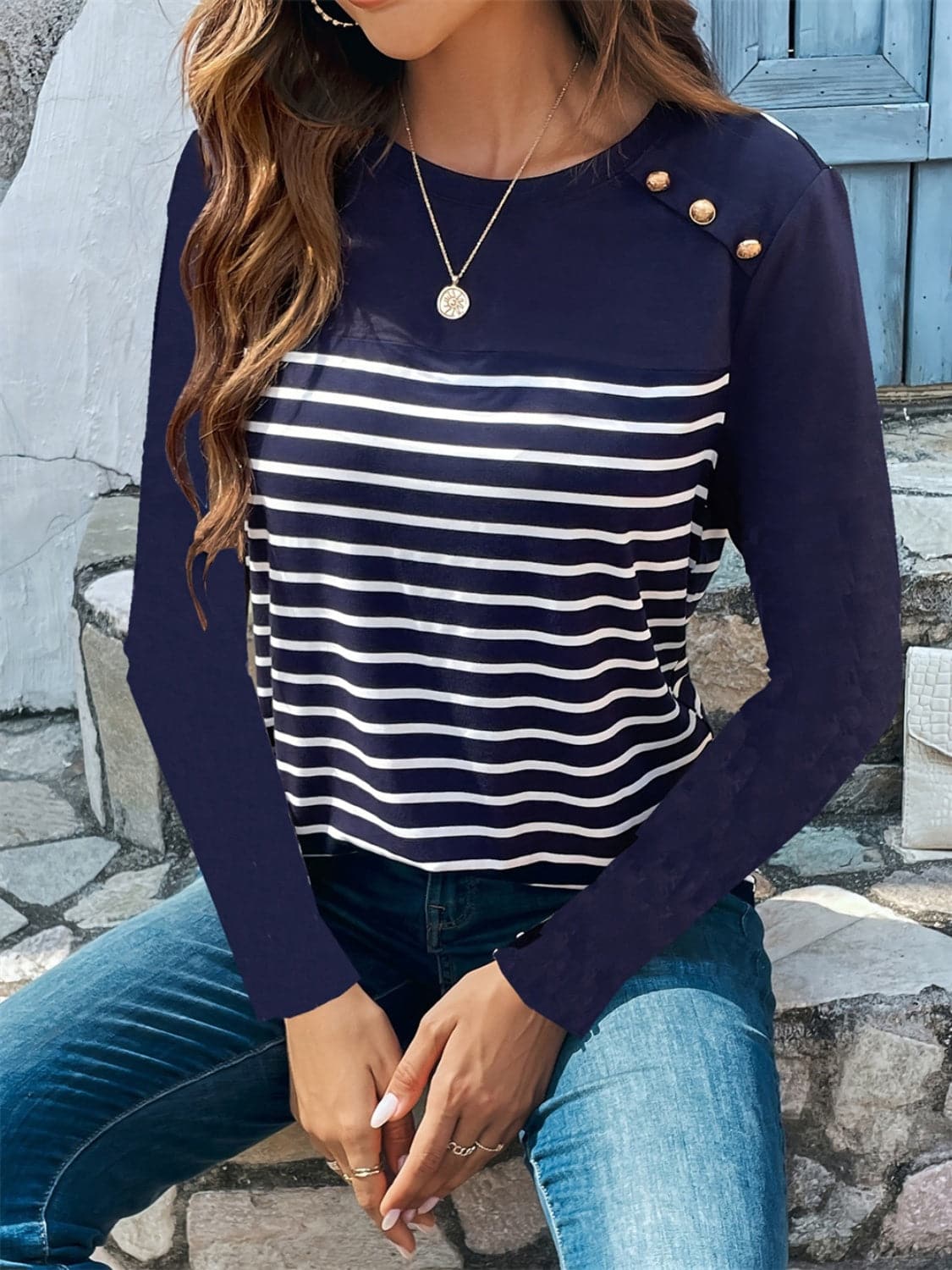 Decorative Button Striped Round Neck Long Sleeve T-Shirt.