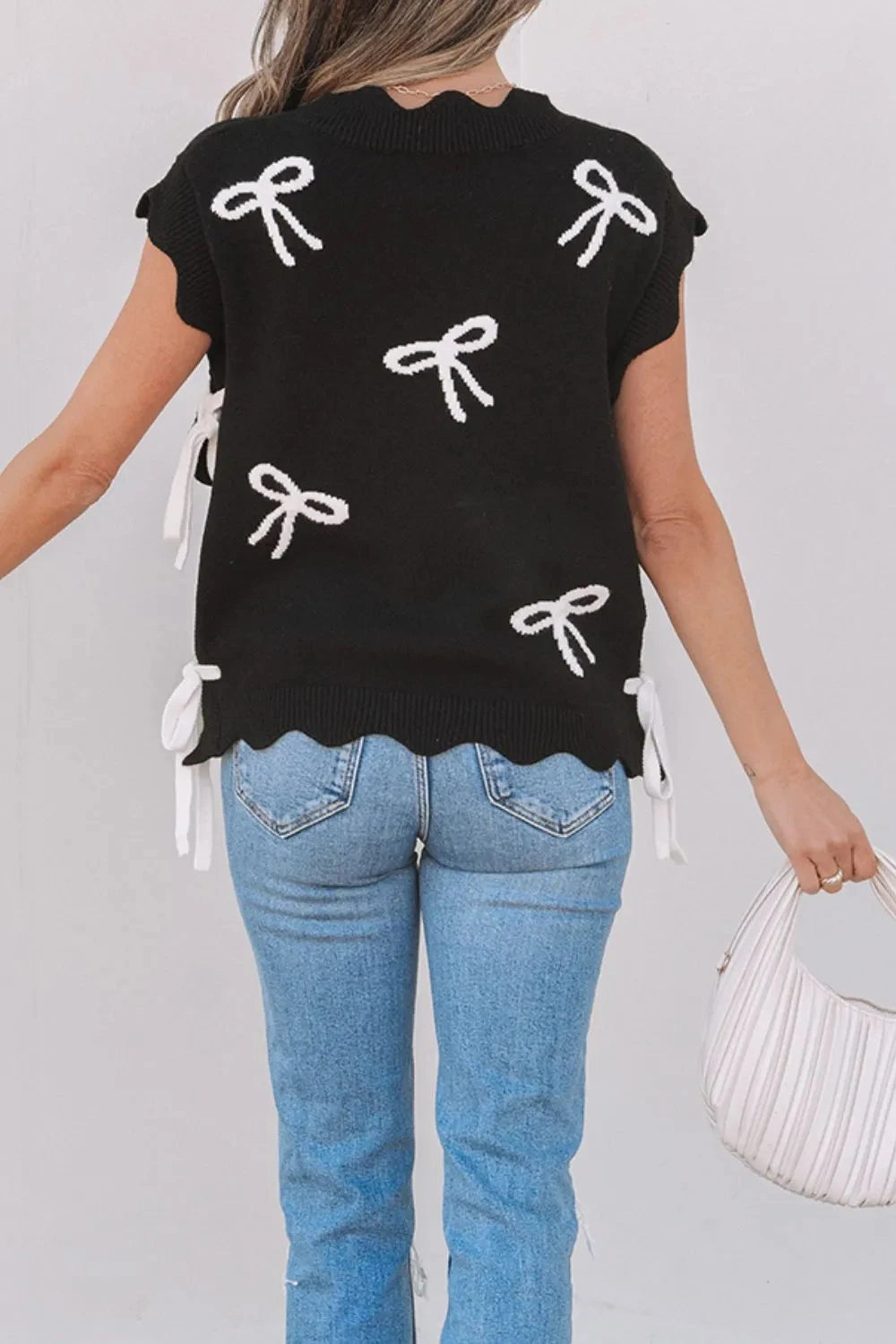 Bow Side Ties Scalloped Hem Cap Sleeve Sweater Simply Love