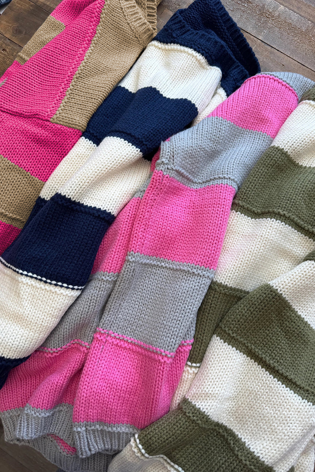 Dear-Lover Khaki Stripe Sweater Women's Plus Size Casual Fall Top - Drop Shoulder, Color Block Dear-Lover Dropshipping