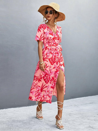 Floral Print High Slit Surplice Neck Tie Waist Midi Dress.