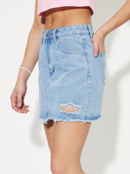 Distressed Raw Hem Mini Denim Skirt.