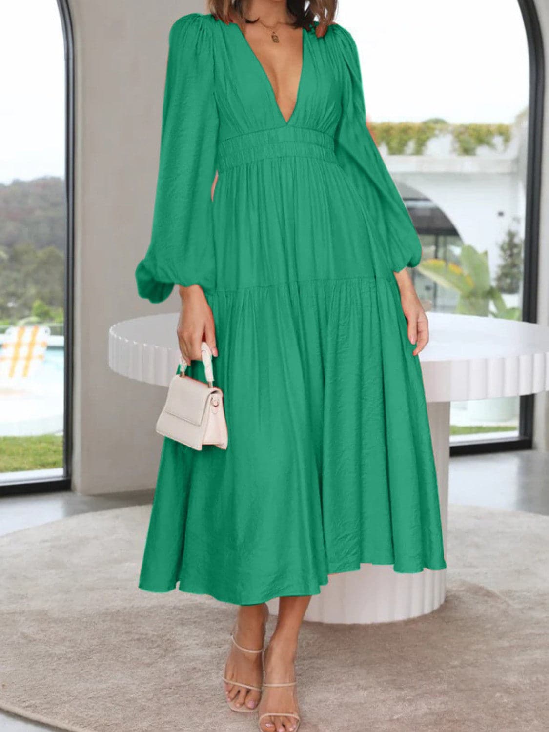 Deep V-Neck Balloon Sleeve Plain Maxi Dress.