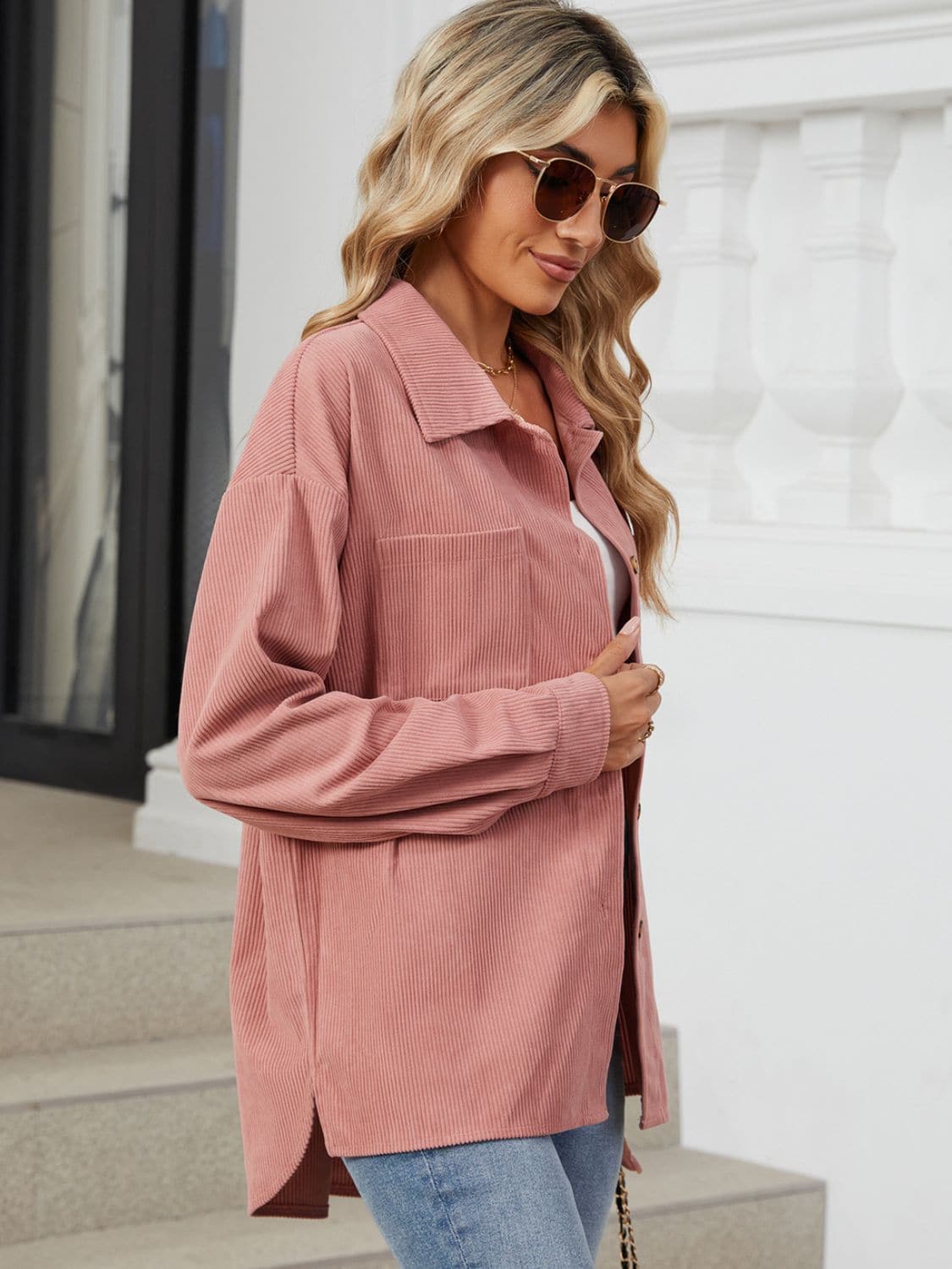 Chic Buttoned Long Sleeve Jacket with Dropped Shoulders