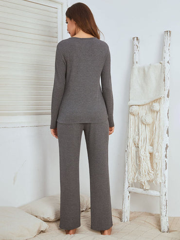 Chic Notched Long Sleeve Top and Pants Combo