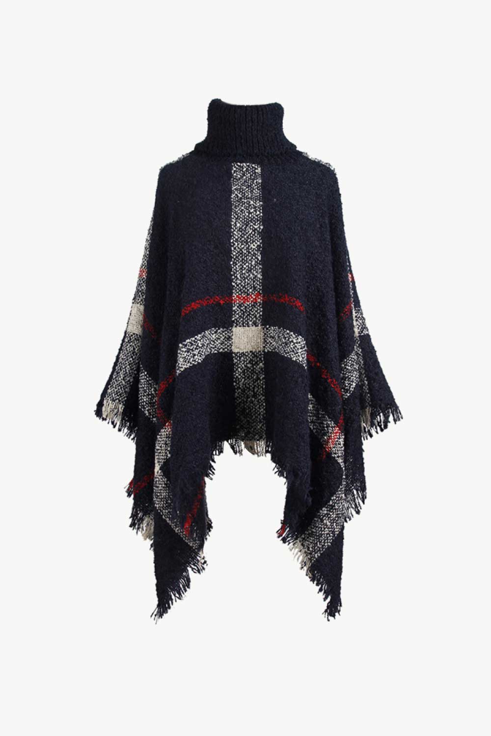 Plaid Turtleneck Raw Hem Poncho.