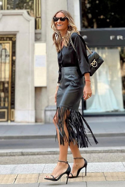 High Waist Fringe Hem Skirt.