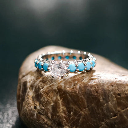 Inlaid Artificial Turquoise Zircon 925 Sterling Silver Ring.