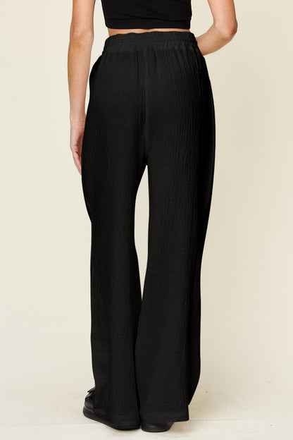 Double Take Full Size Texture Drawstring Wide Leg Pants.