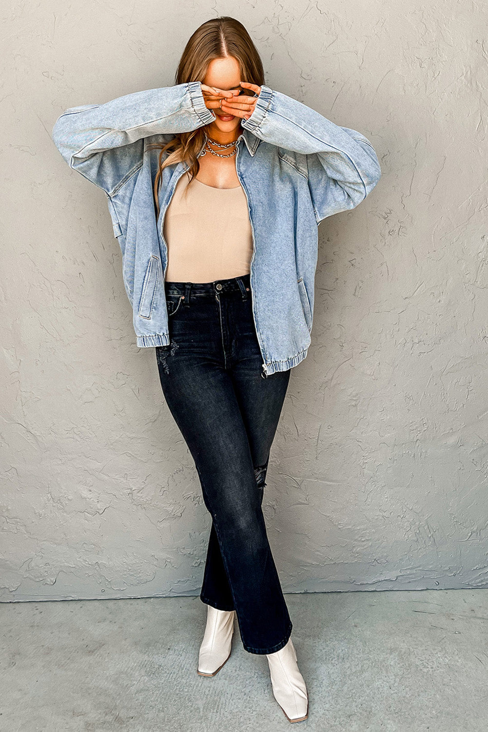 Myosotis Elastic Edge Collared Denim Jacket With Pocket Dear-Lover Dropshipping