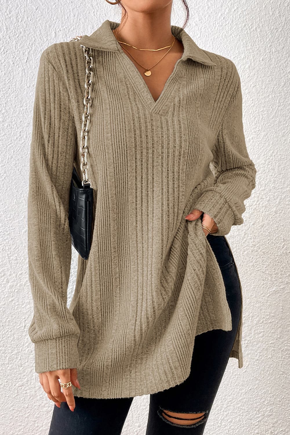 Slit Johnny Collar Long Sleeve Sweater.