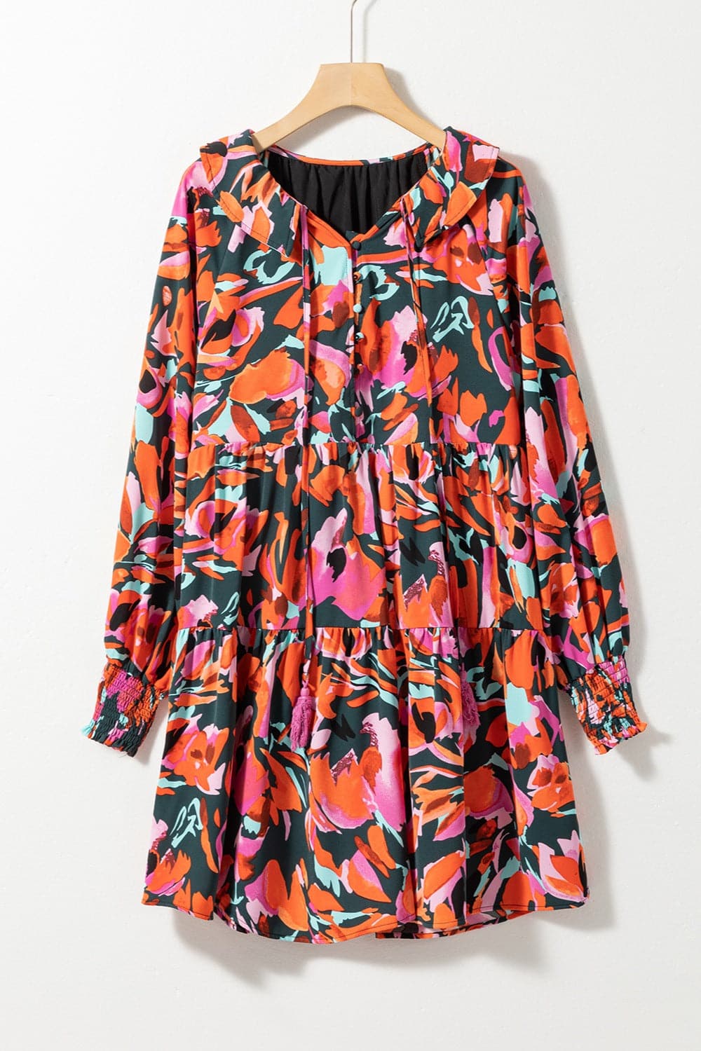 Printed Tie Neck Lantern Sleeve Mini Dress.