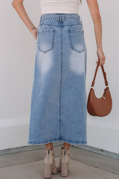 Dusk Blue High-Waisted Belted Midi Denim Skirt with Split Detail