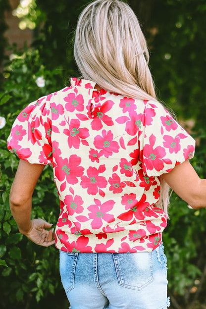 Printed Mock Neck Puff Sleeve Blouse.