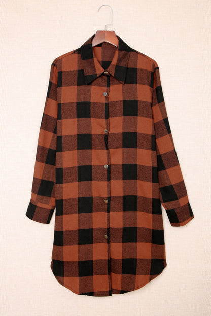 Chic brown plaid shirt coat with turn-down collar