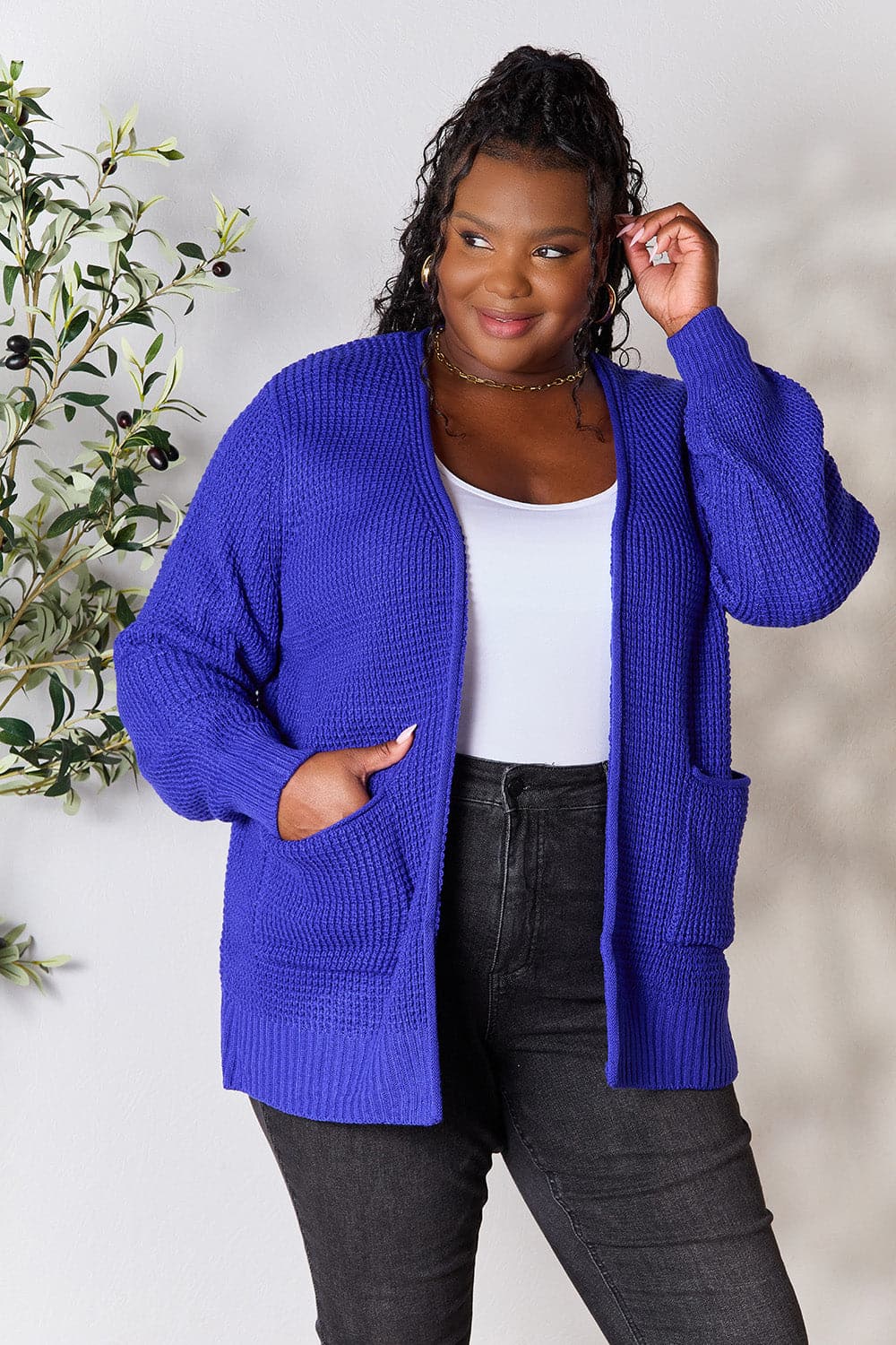 Zenana Full Size Waffle-Knit Open Front Cardigan.