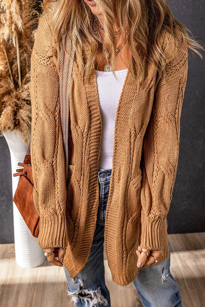 Cable-Knit Dropped Shoulder Slit Cardigan.