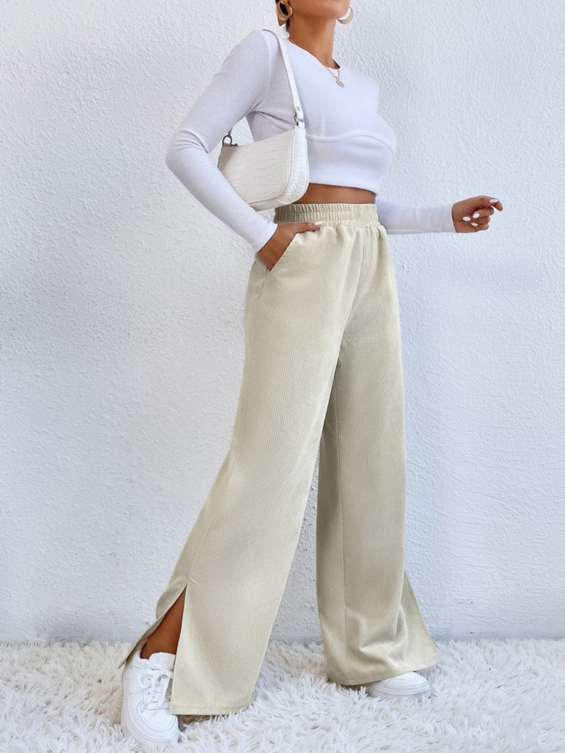 Slit Pocketed High Waist Wide Leg Pants.