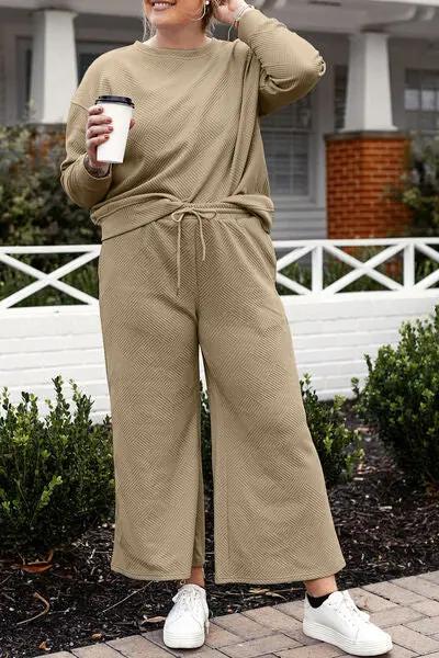 Double Take Full Size Textured Long Sleeve Top and Drawstring Pants Set - Love Salve