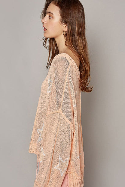 POL V-Neck Long Sleeve Star Print Knit Top.