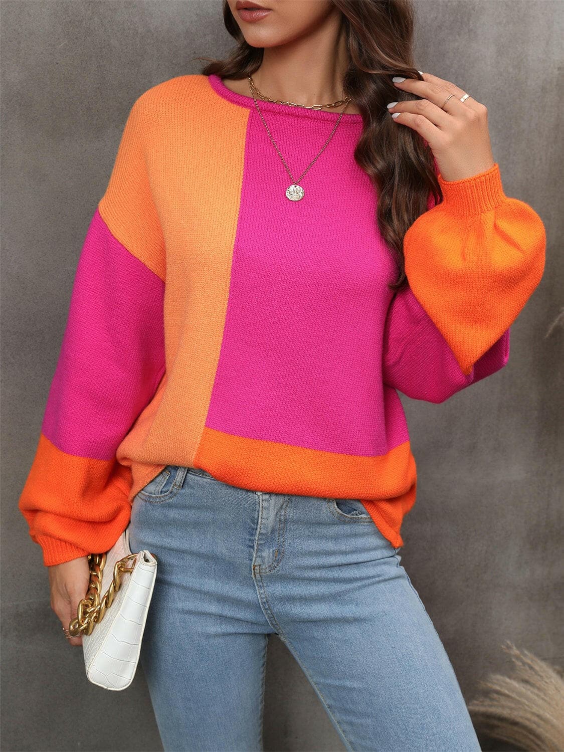 Color Block Round Neck Sweater.