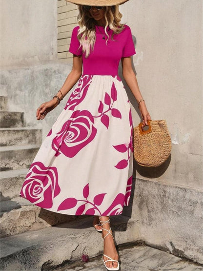 Rose Printed Round Neck Short Sleeve Dress.