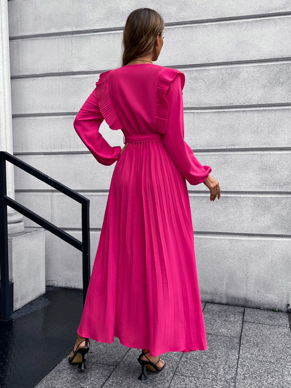 Pleated Surplice Tie Waist Maxi Dress.