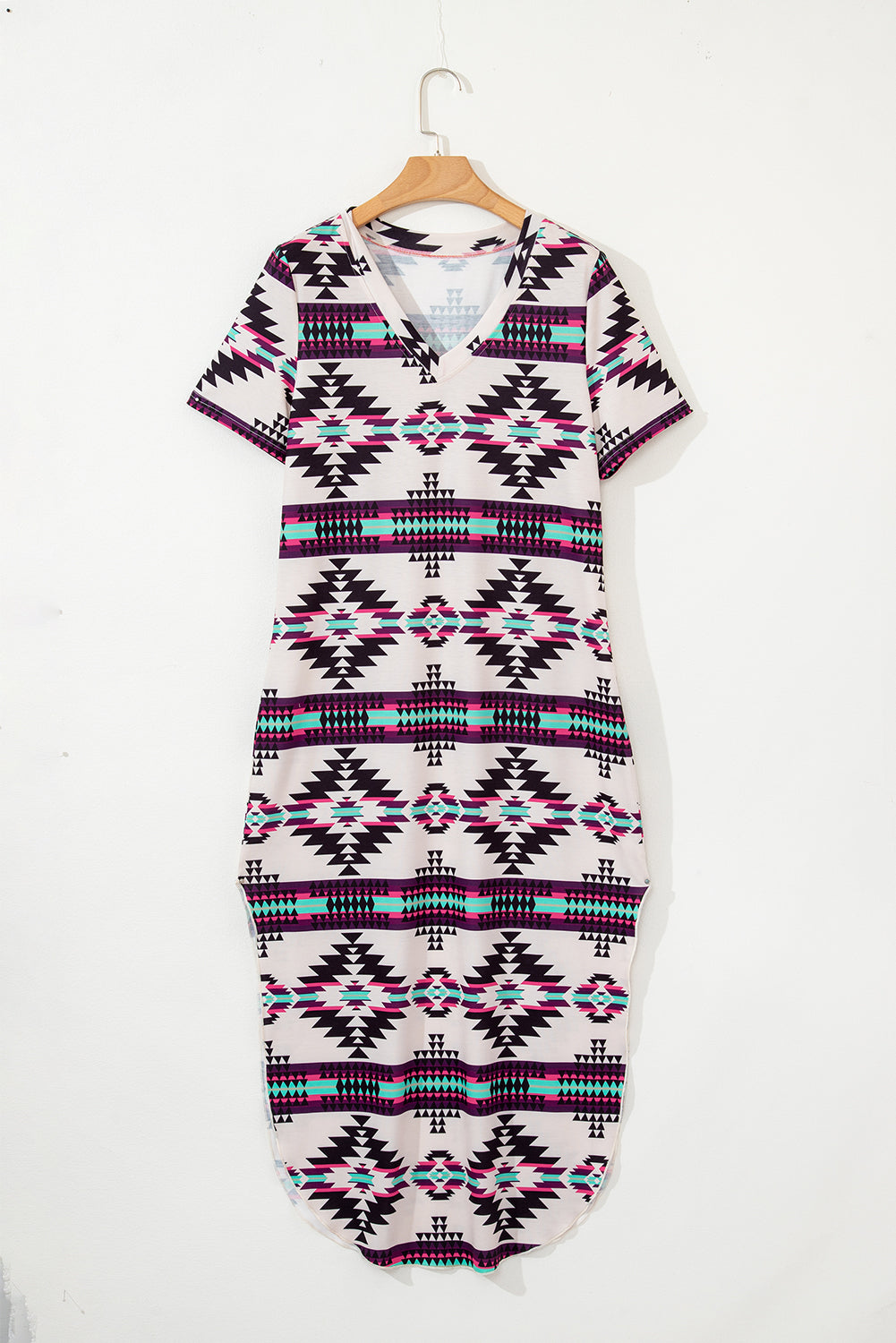 Beige Western Aztec Printed Long T-shirt Dress for Women